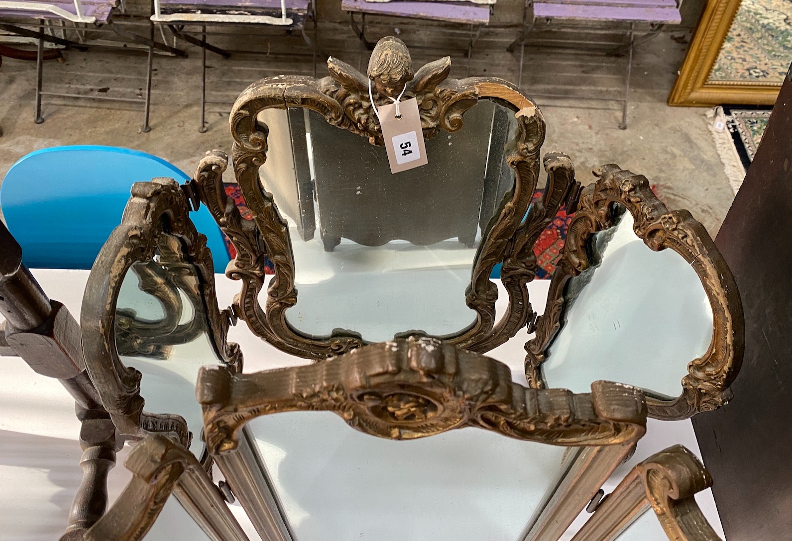 Two gilt composition triple dressing table mirrors, larger height 55cm